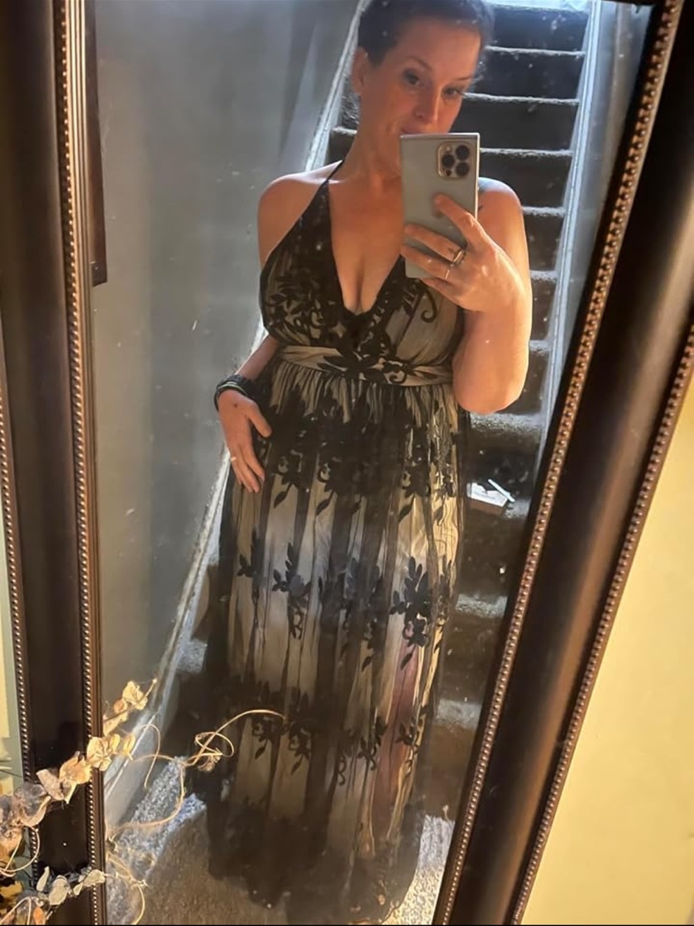 Black lace long Floral Maxi Dress with Deep V - Picture 8 of 11